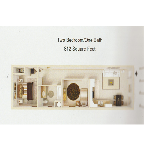 Floor plan for 2 beds, 1 bath, 812 sqft